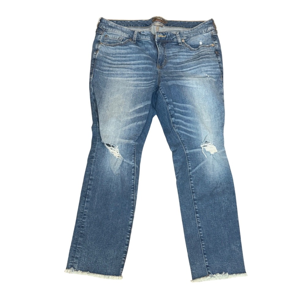 Torrid Plus Size 14‎ Crop Boyfriend Jeans Distressed Frayed Hem Stretch Blue